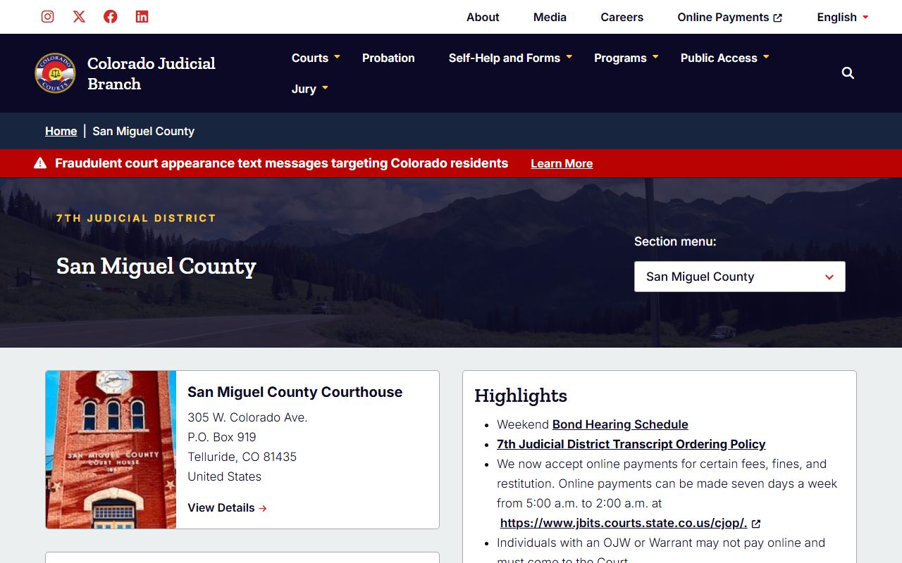 San Miguel County court records page for case and clerk routing